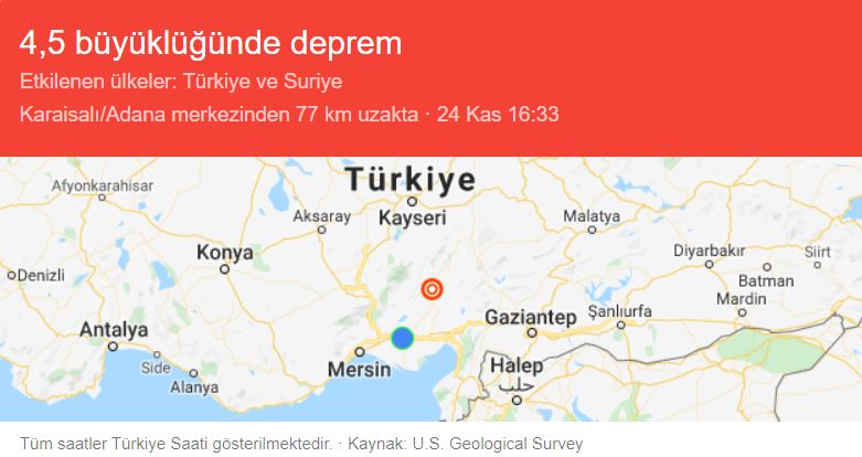 Kozan’da 4.5 Büyüklüğünde Deprem