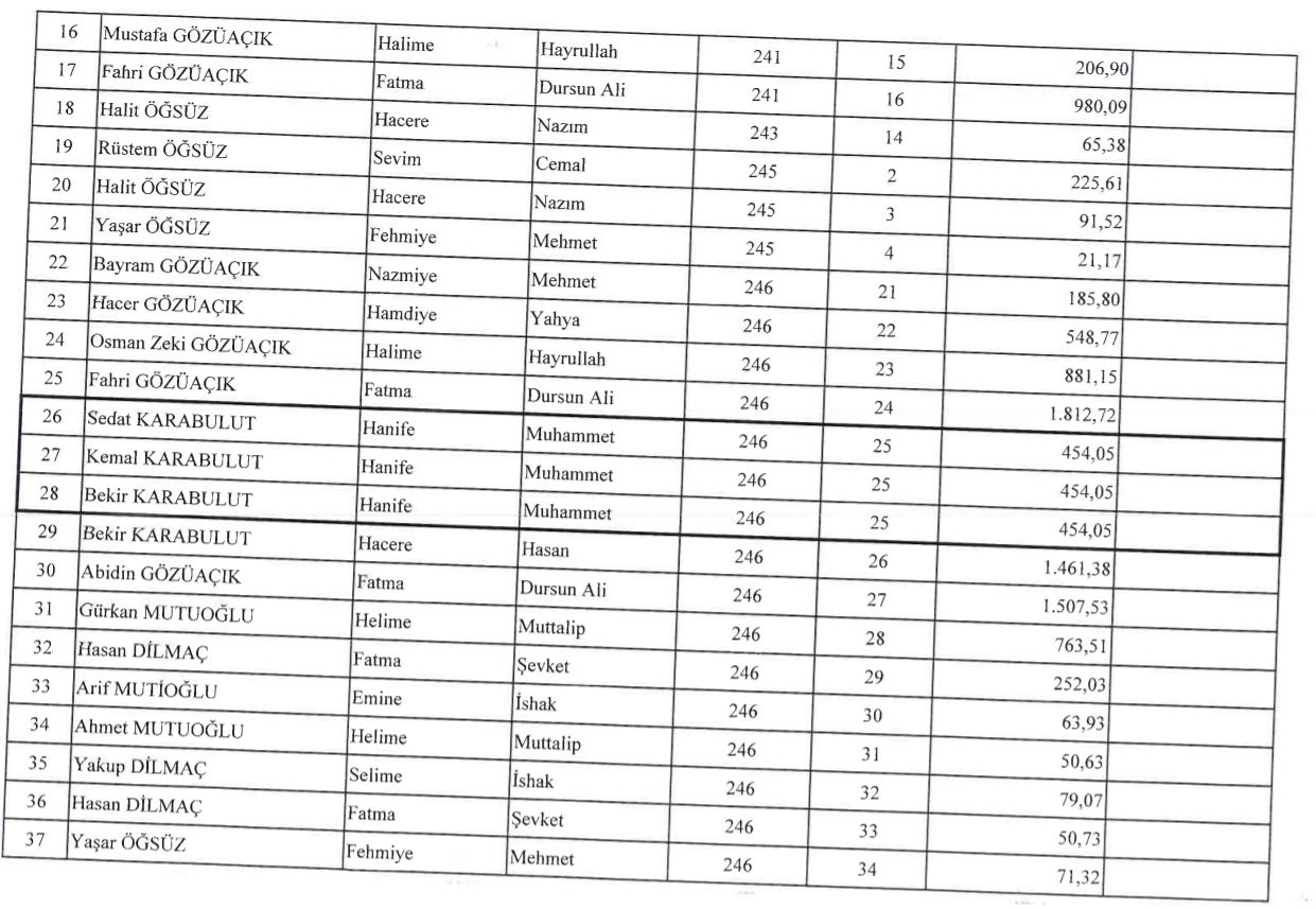 Ardeşen 2B Alanları Kullanıcı Listesi