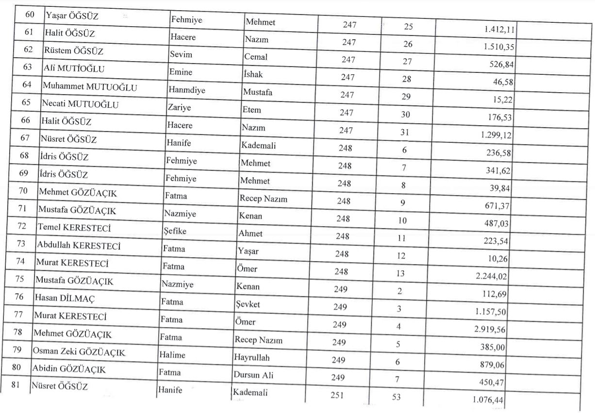 Ardeşen 2B Alanları Kullanıcı Listesi