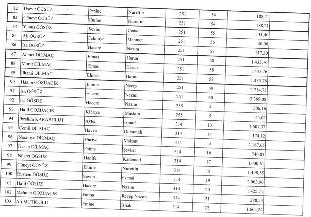 Ardeşen 2B Alanları Kullanıcı Listesi