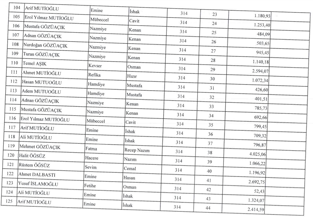 Ardeşen 2B Alanları Kullanıcı Listesi