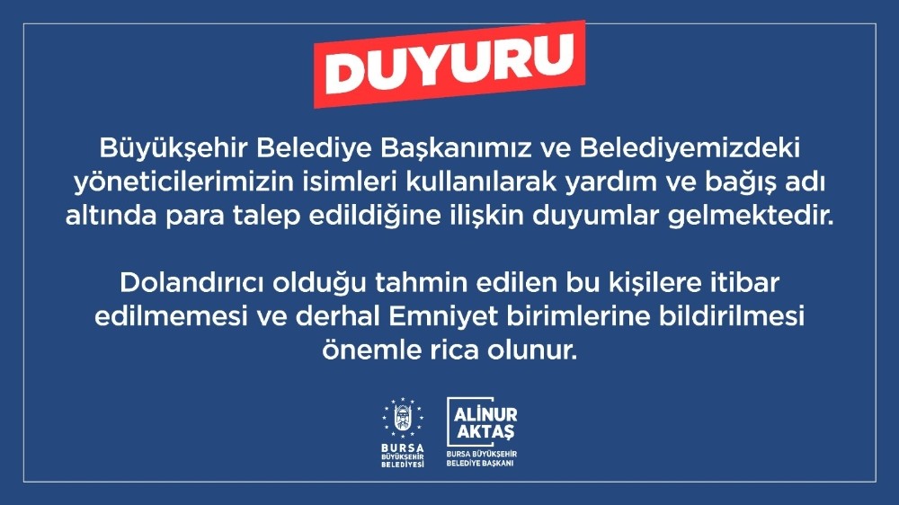 Bursa Büyükşehir Belediyesinden Dolandırıcılık Uyarısı