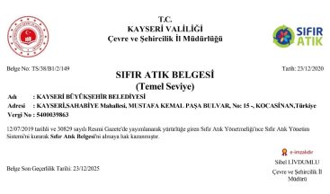 Kayseri Büyükşehir Belediyesi ’Sıfır Atık’ belgesi aldı