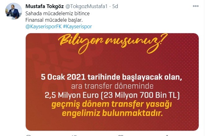 Tokgöz: “Kayserispor’un transfer yasağı bulunuyor”