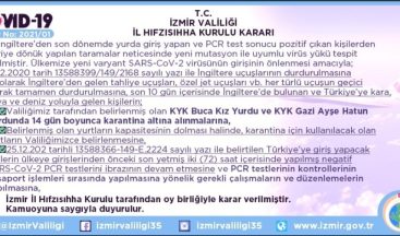 İngiltere’den İzmir’e gelen kişiler 14 gün karantinaya alınacak