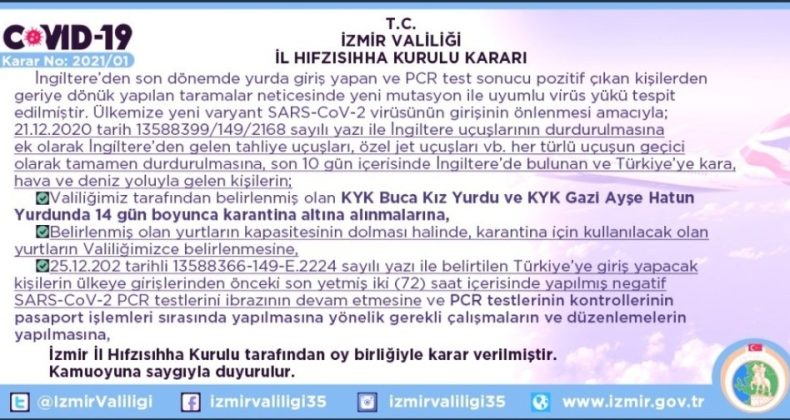 İngiltere’den İzmir’e gelen kişiler 14 gün karantinaya alınacak