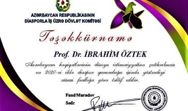 Prof. Dr. İbrahim Öztek’e Azerbaycan’dan “Teşekkürname”