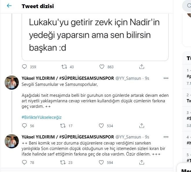 Samsunspor Başkanı Yıldırım özür diledi